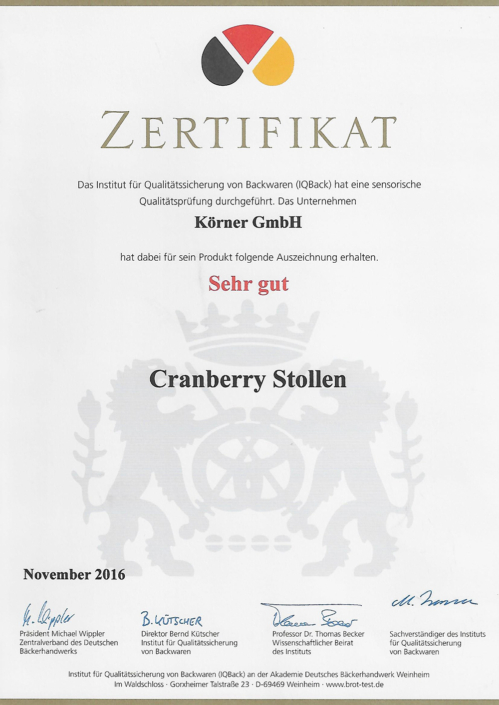 2016 Zertifikat Cranberrystollen