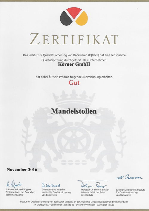 2016 Zertifikat Mandelstollen
