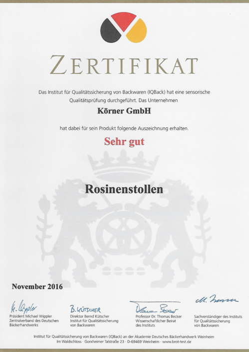 2016 Zertifikat Rosinenstollen