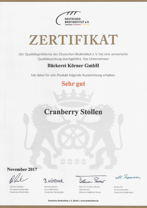 2017 Zertifikat Cranberry Stollen