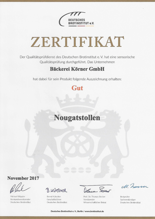 2017 Zertifikat Nougatstollen
