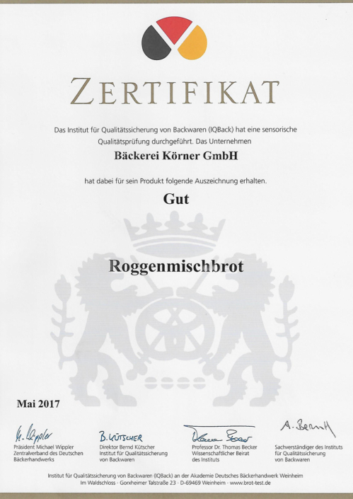 2017 Zertifikat Roggenmischbrot