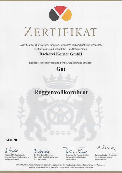 2017 Zertifikat Roggenvollkornbrot