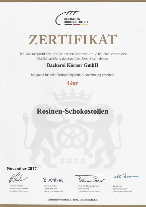 2017 Zertifikat Rosinen-Schokostollen