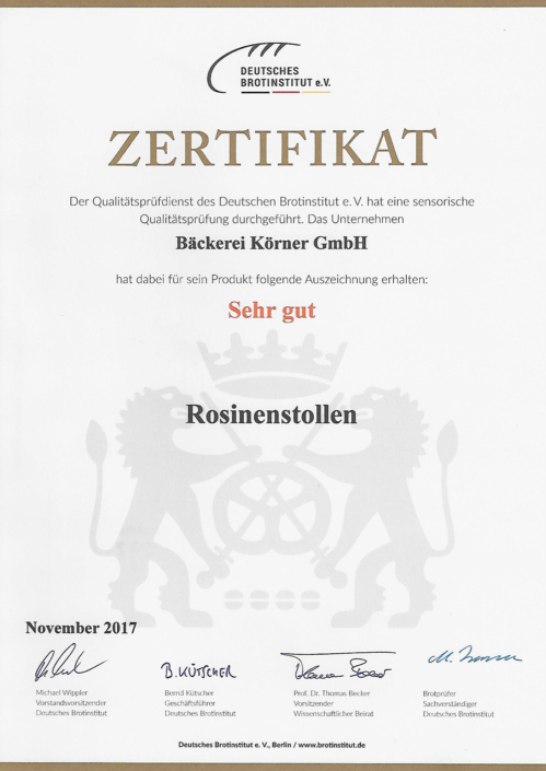 2017 Zertifikat Rosinenstollen