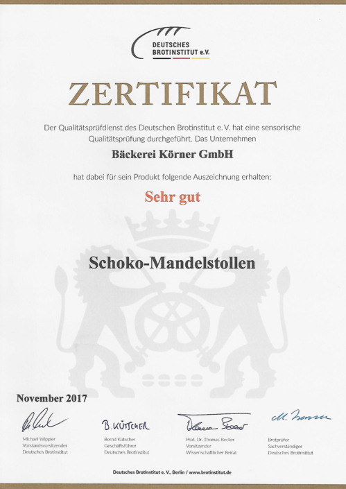 2017 Zertifikat Schoko-Mandelstollen