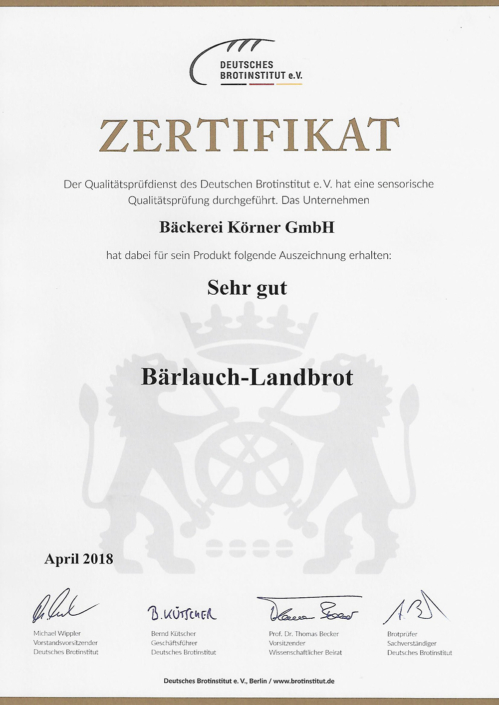 2018 Zertifikat Bärlauch-Landbrot