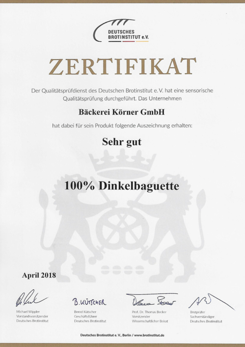2018 Zertifikat Dinkelbaguette