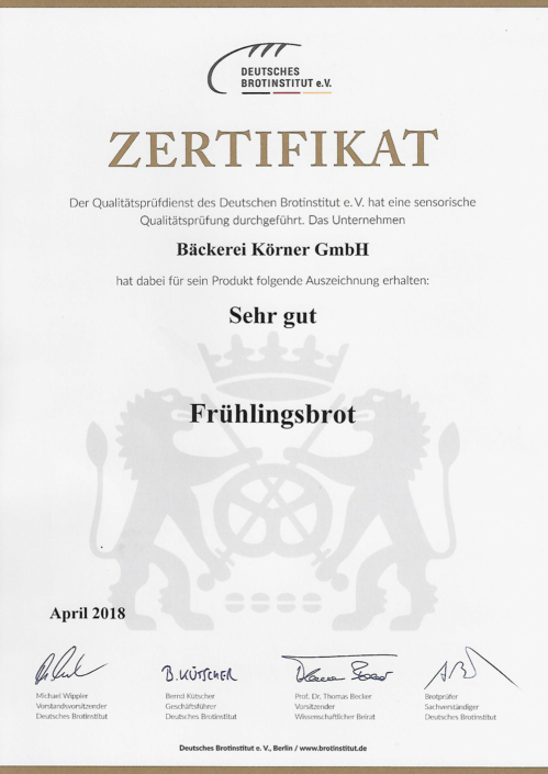 2018 Zertifikat Frühlingsbrot