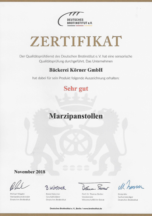 2018 Zertifikat Marzipanstollen