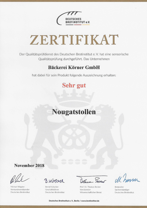 2018 Zertifikat Nougatstollen