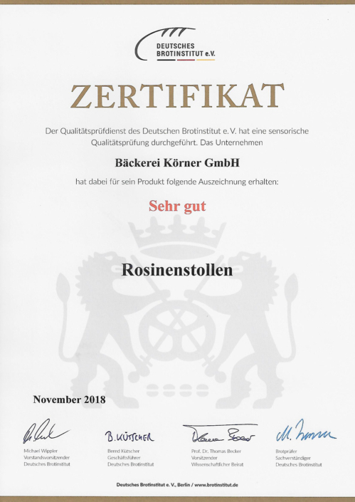 2018 Zertifikat Rosinenstollen