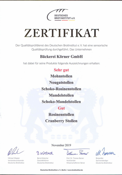 2019 Zertifikat Stollen