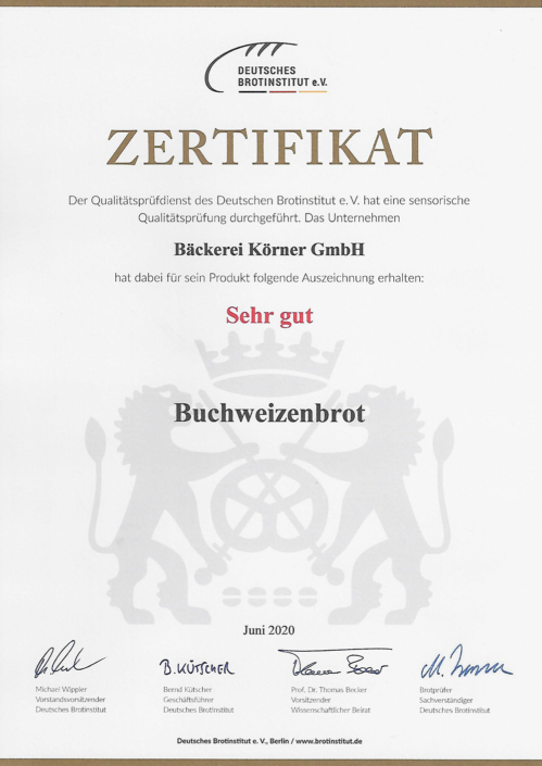2020 Zertifikat Buchweizenbrot