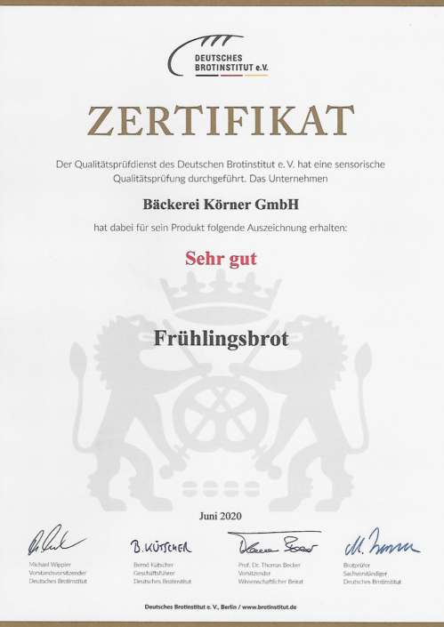 2020 Zertifikat Frühlingsbrot