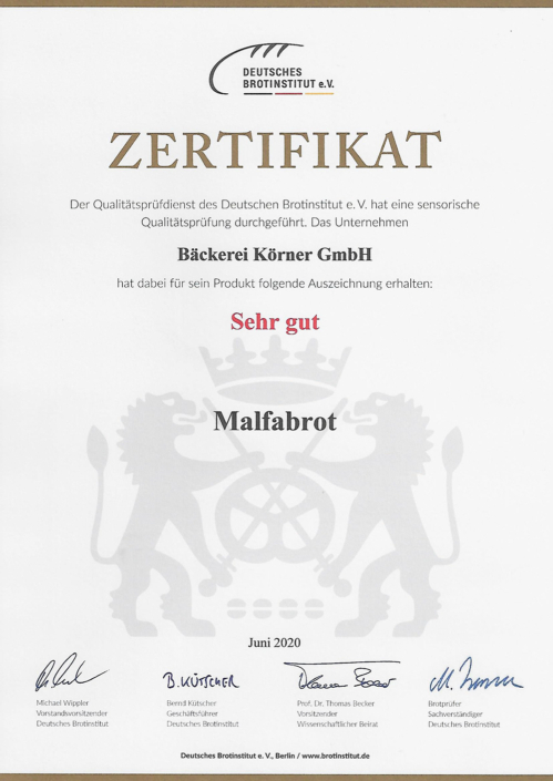 2020 Zertifikat Malfabrot