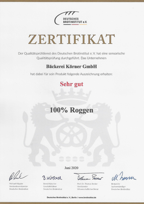 2020 Zertifikat 100% Roggenbrot