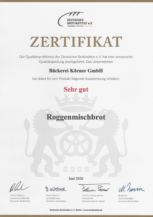 2020 Zertifikat Roggenmischbrot