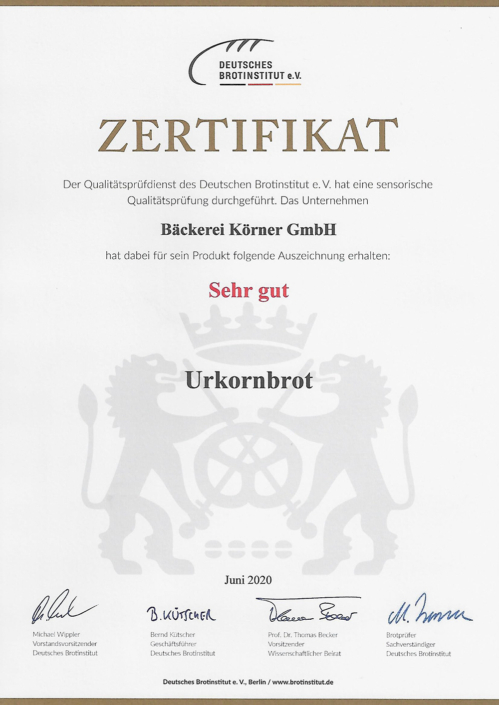 2020 Zertifikat Urkornbrot