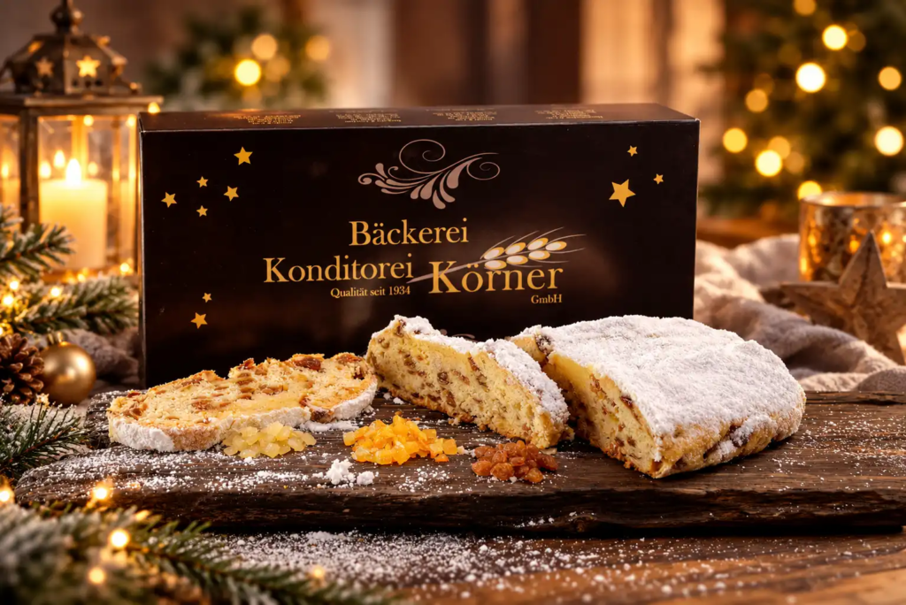 Festlicher Stollen auf rustikalem Weihnachtstisch
